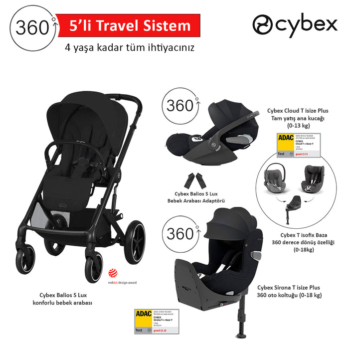 <u>5 li travel sistem indirimi </u><br>Cybex Balios S Lux +<br> Cybex Cloud T 360 isize PLUS +<br>Cybex Sirona T 360 isize PLUS +<br>Cybex T isofix Baza+<br>Cybex Balios Adaptör