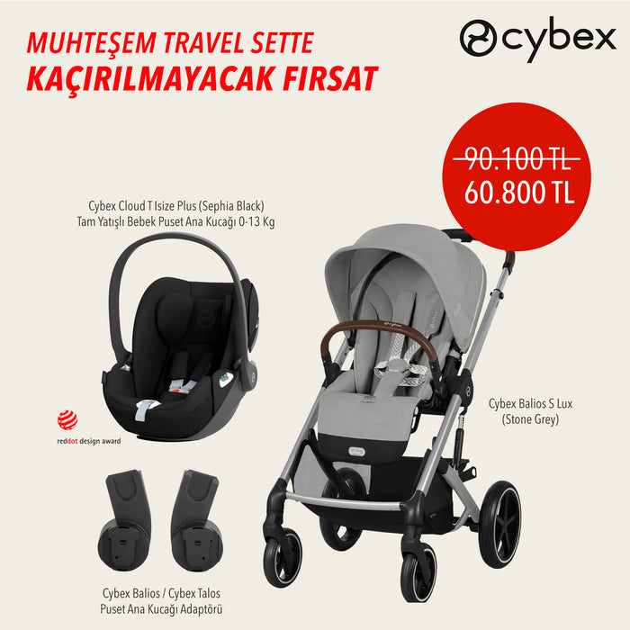 (adaptör ve anakucağı ekim 1. hafta, araba hemen teslim) <br> Cybex Balios S Lux (stone grey)+ Balios adaptör <br>+Cybex Cloud T isize Plus