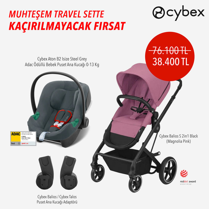 (adaptör ekim 1. hafta, diğer ürünler hemen teslim)</u> Cybex Balios S 2in1 (black-magnolia pink) + Balios adaptör + Cybex Aton B2 isize (steel grey)