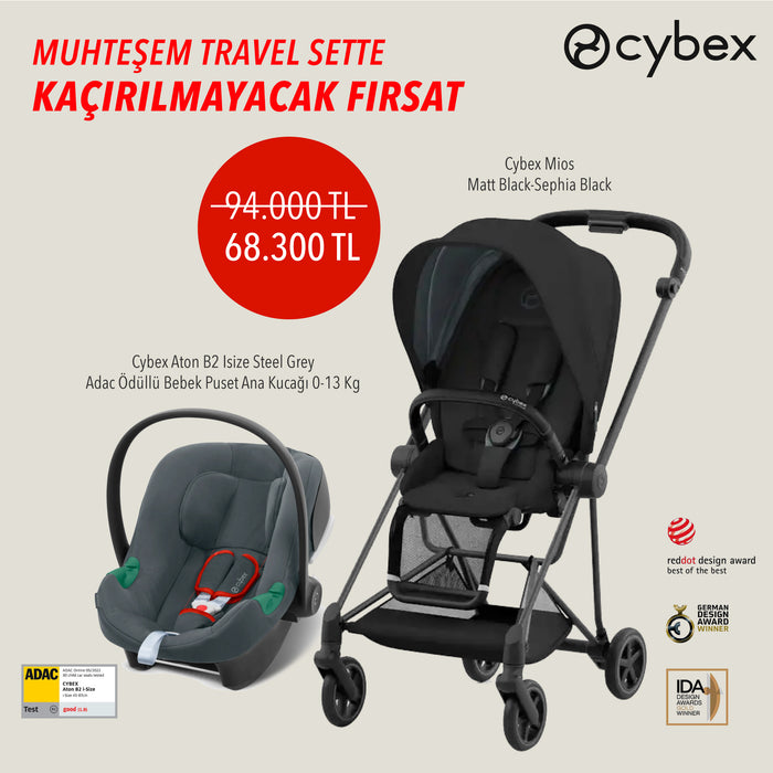 Muhteşem Travel Sette Kaçırılmayacak Fırsat Cybex Mios (matt black-sephia black) <br> (ikonik lüks bebek arabası) + Cybex Aton B2 isize (steel grey)