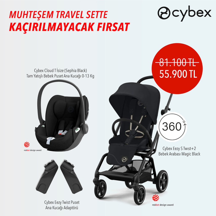 (15 Ekim teslim) <br> <u>Muhteşem Travel Sette Kaçırılmayacak Fırsat </u><br>Cybex Eezy S Twist+2 (magic black) + Eezy Twist Adaptör + Cybex Cloud T isize (sephia black)