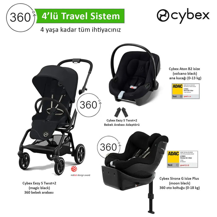 <u>4 lü travel sistem indirimi </u><br>Cybex Eezy S 360 Twist2 +<br> Cybex Aton B2 isize +<br>Cybex Sirona 360 isize PLUS+<br>Cybex Eezy Adaptör