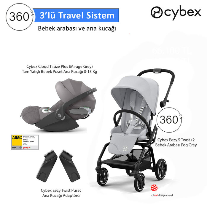 <u>3 lü travel sistem indirimi </u><br>Cybex Eezy S 360 Twist+2 + <br> Cybex Cloud T isize + <br>Cybex Eezy Adaptör