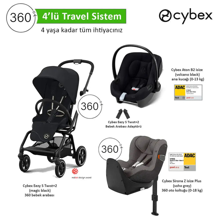 <u>4 lü travel sistem indirimi </u><br>Cybex Eezy S 360 Twist2 +<br> Cybex Aton B2 isize +<br>Cybex Sirona 360 isize PLUS+<br>Cybex Eezy Adaptör