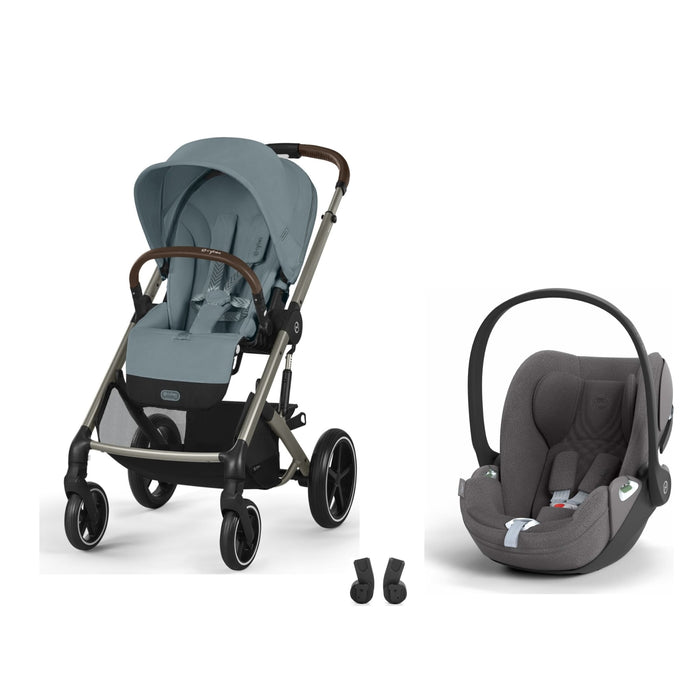 Cybex Balios S Lux Taupe Stormy Blue, Cloud T i-Size Plus Mirage Grey ve adaptör — travel sistem