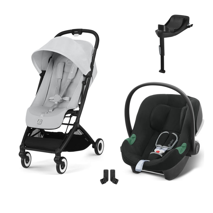 Cybex Orfeo Black Fog Grey, Aton B2 i-Size Volcano Black (Base One bazalı) ve adaptör — travel sistem