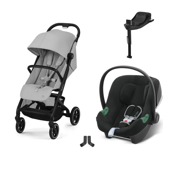 Cybex Beezy Fog Grey, Aton B2 i-Size Volcano Black (Base One bazalı) ve adaptör — travel sistem