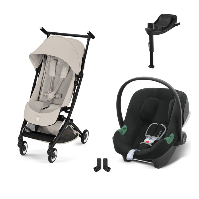 Cybex Libelle Black Dune Grey, Aton B2 i-Size Volcano Black (Base One bazalı) ve adaptör — travel sistem