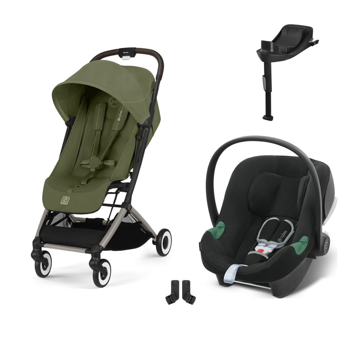 Cybex Orfeo Taupe Moss Green, Aton B2 i-Size Volcano Black (Base One bazalı) ve adaptör — travel sistem