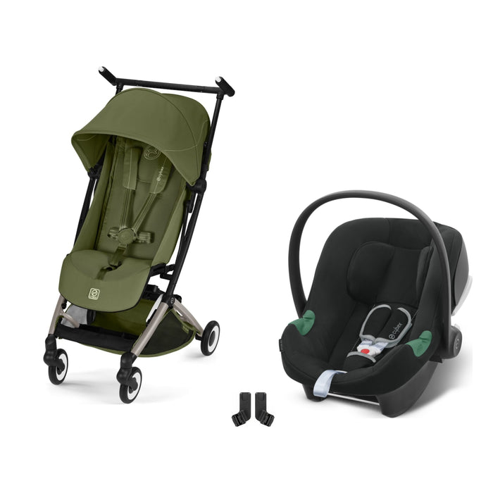 Cybex Libelle Taupe Moss Green, Aton B2 i-Size Volcano Black ve adaptör — travel sistem