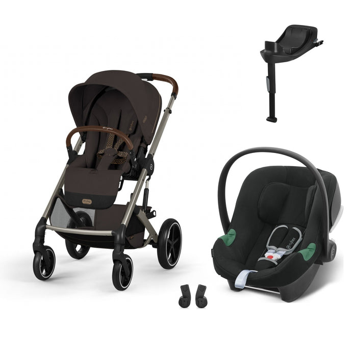 Cybex Balios S Lux Taupe Chocolate Brown, Aton B2 i-Size Volcano Black (Base One bazalı) ve adaptör — travel sistem