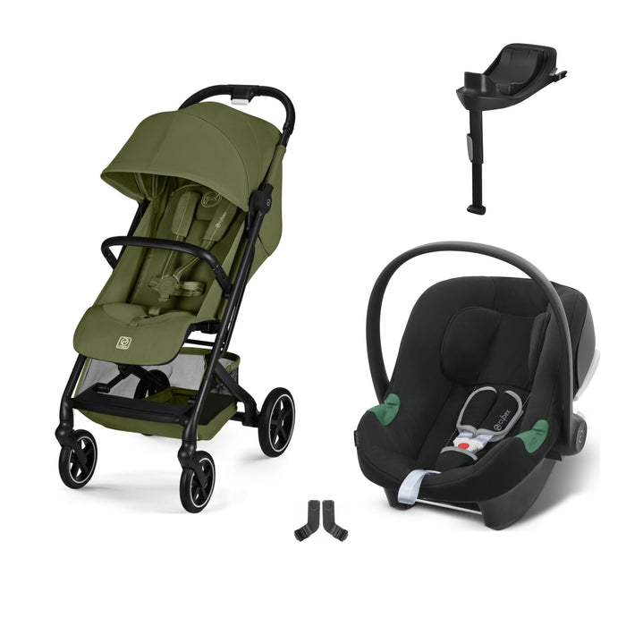 Cybex Beezy Moss Green, Aton B2 i-Size Volcano Black (Base One bazalı) ve adaptör — travel sistem
