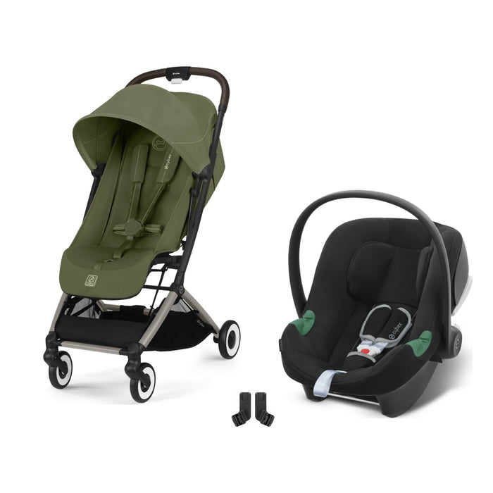 Cybex Orfeo Taupe Moss Green, Aton B2 i-Size Volcano Black ve adaptör — travel sistem