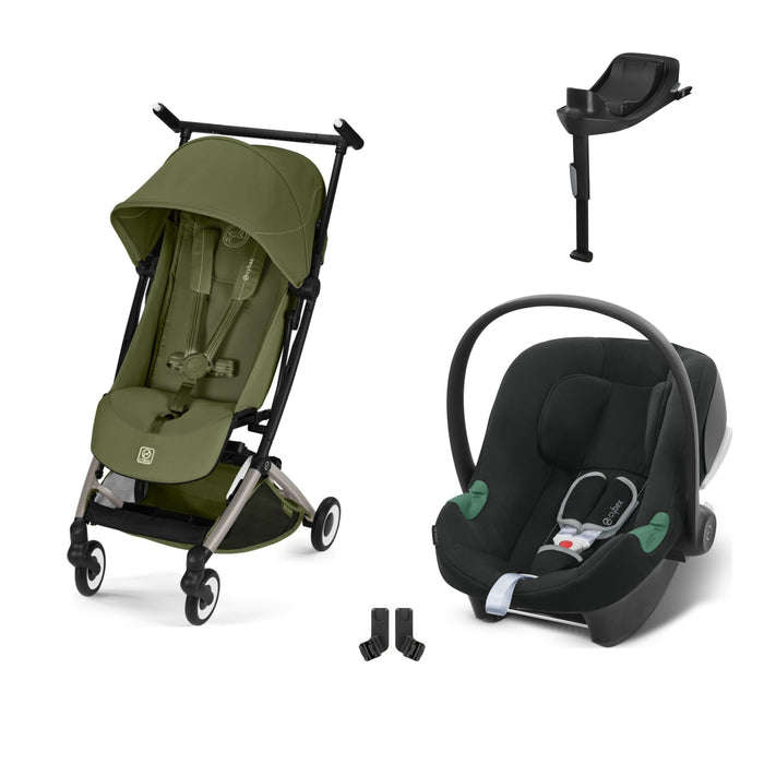Cybex Libelle Taupe Moss Green, Aton B2 i-Size Volcano Black (Base One bazalı) ve adaptör — travel sistem
