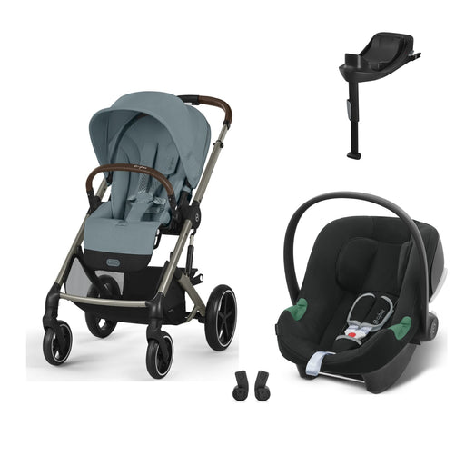 Cybex Balios S Lux Taupe Stormy Blue, Aton B2 i-Size Volcano Black (Base One bazalı) ve adaptör — travel sistem