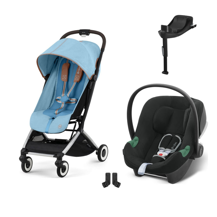 Cybex Orfeo Silver Beach Blue, Aton B2 i-Size Volcano Black (Base One bazalı) ve adaptör — travel sistem