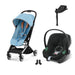 Cybex Orfeo Silver Beach Blue, Aton B2 i-Size Volcano Black (Base One bazalı) ve adaptör — travel sistem