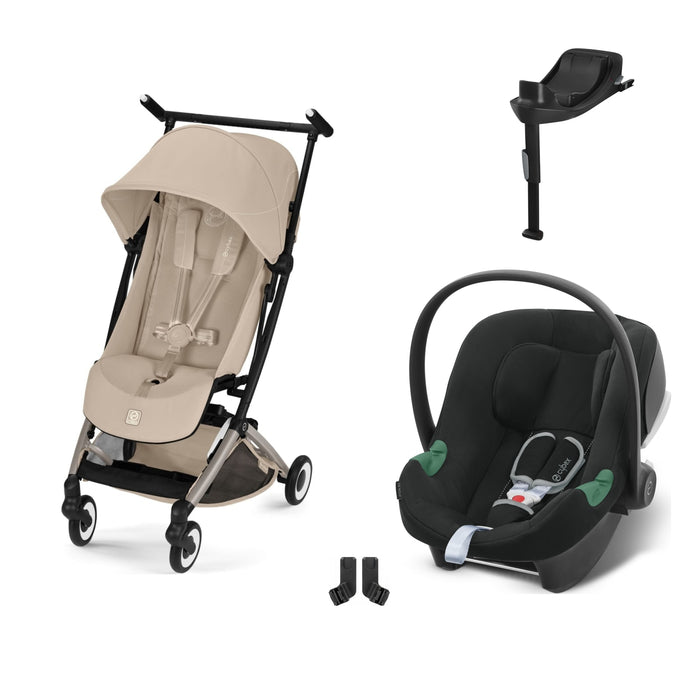 Cybex Libelle Taupe Almond Beige, Aton B2 i-Size Volcano Black (Base One bazalı) ve adaptör — travel sistem