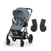 Cybex Balios S Lux Taupe Stormy Blue ve ana kucağı adaptörü — paket içeriği