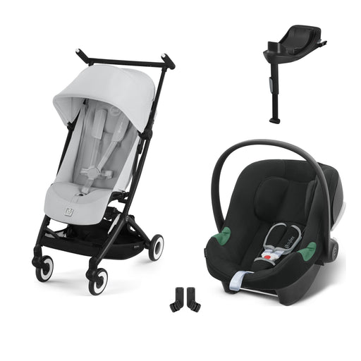 Cybex Libelle Black Fog Grey, Aton B2 i-Size Volcano Black (Base One bazalı) ve adaptör — travel sistem
