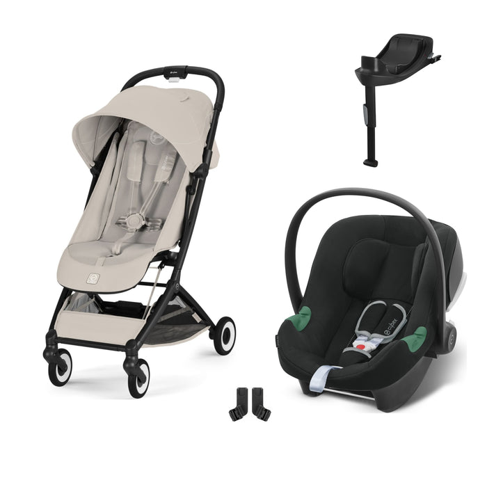 Cybex Orfeo Black Dune Grey, Aton B2 i-Size Volcano Black (Base One bazalı) ve adaptör — travel sistem