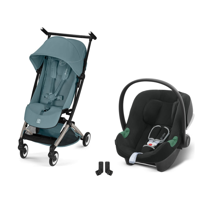 Cybex Libelle Taupe Stormy Blue, Aton B2 i-Size Volcano Black ve adaptör — travel sistem