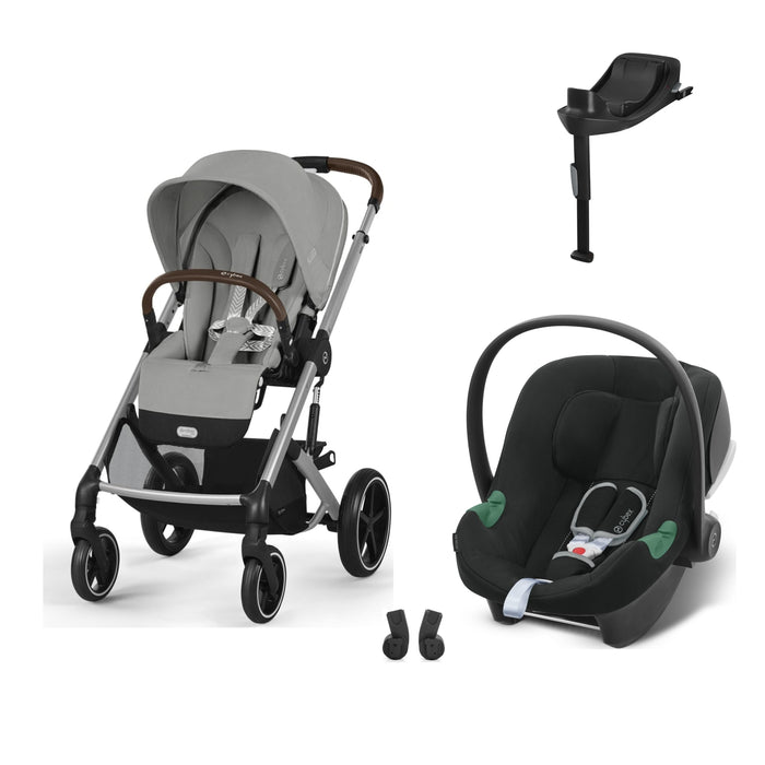 Cybex Balios S Lux Silver Stone Grey, Aton B2 i-Size Volcano Black (Base One bazalı) ve adaptör — travel sistem