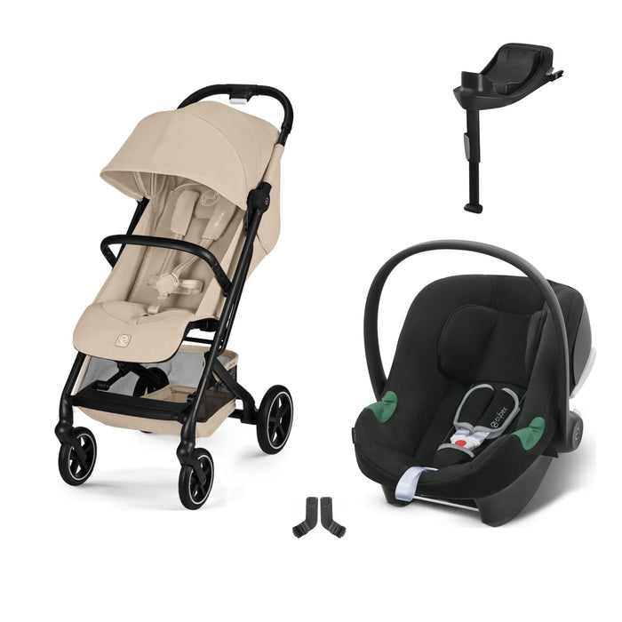 Cybex Beezy Almond Beige, Aton B2 i-Size Volcano Black (Base One bazalı) ve adaptör — travel sistem