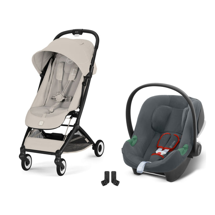 Cybex Orfeo Black Dune Grey, Aton B2 i-Size Steel Grey ve adaptör — travel sistem