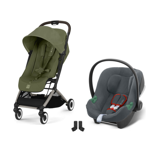 Cybex Orfeo Taupe Moss Green, Aton B2 i-Size Steel Grey ve adaptör — travel sistem