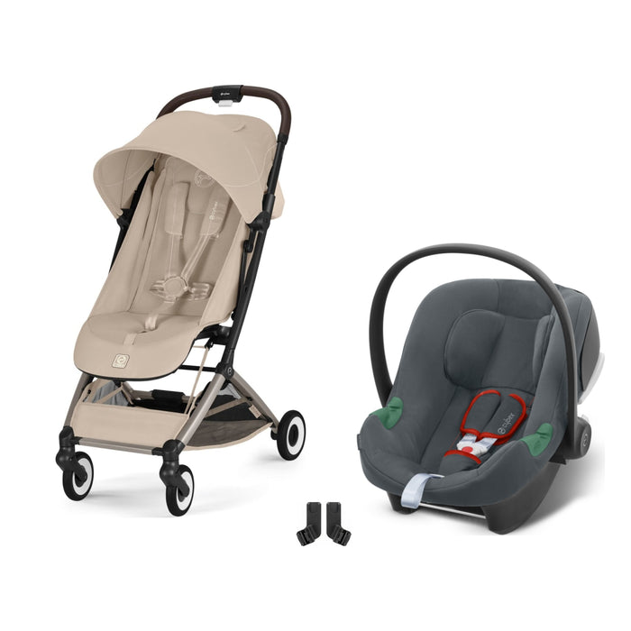 Cybex Orfeo Taupe Almond Beige, Aton B2 i-Size Steel Grey ve adaptör — travel sistem