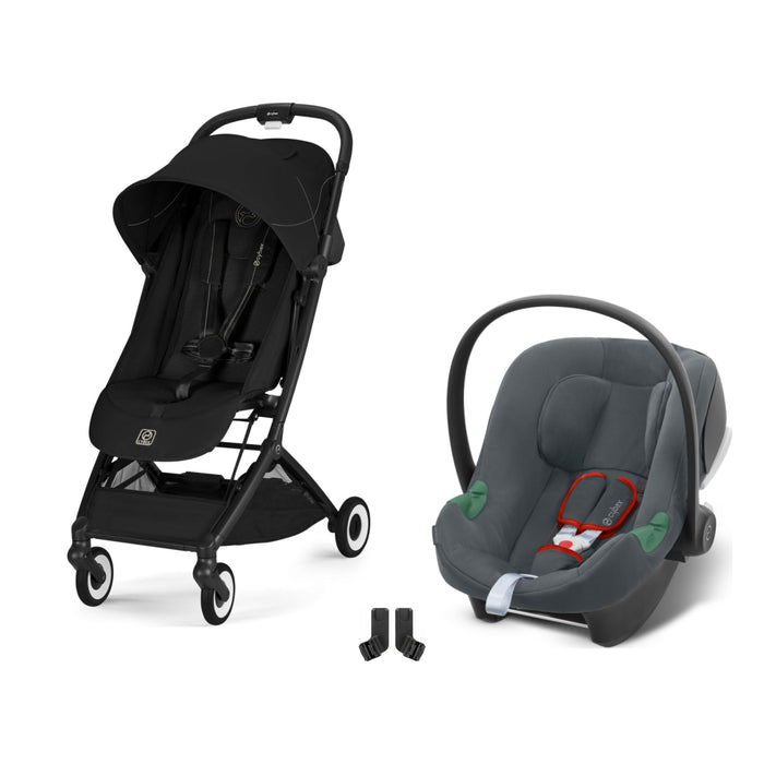 Cybex Orfeo Black Magic Black, Aton B2 i-Size Steel Grey ve adaptör — travel sistem