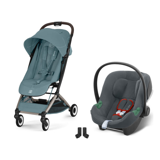 Cybex Orfeo Taupe Stormy Blue, Aton B2 i-Size Steel Grey ve adaptör — travel sistem