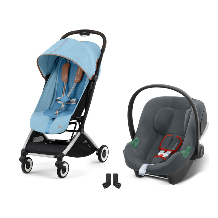 Cybex Orfeo Silver Beach Blue, Aton B2 i-Size Steel Grey ve adaptör — travel sistem