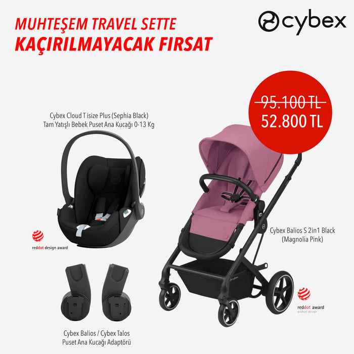 (adaptör ve anakucağı ekim 1. hafta, araba hemen teslim) <br> Balios S 2in1 (black-magnolia pink)+Balios adaptör<br>+ Cybex Cloud T isize Plus (sephia black)
