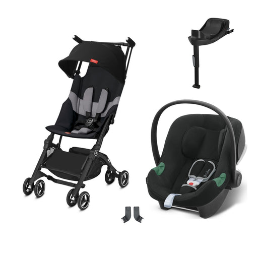 GB Pockit+ Velvet Black, Cybex Aton B2 i-Size Volcano Black (Base One bazalı) ve adaptör — travel sistem