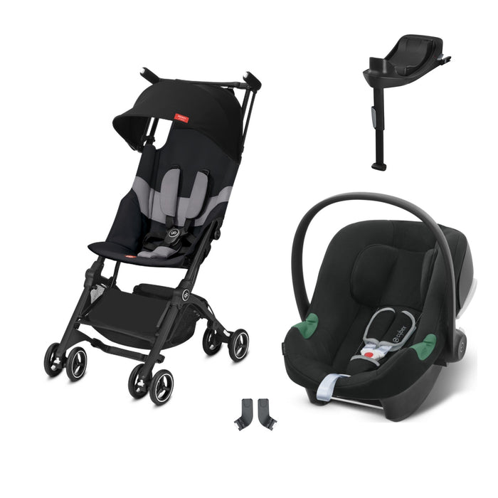 GB Pockit+ Velvet Black, Cybex Aton B2 i-Size Volcano Black (Base One bazalı) ve adaptör — travel sistem