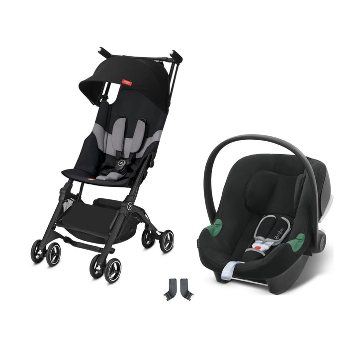 GB Pockit+ Velvet Black, Cybex Aton B2 i-Size Volcano Black ve adaptör — travel sistem